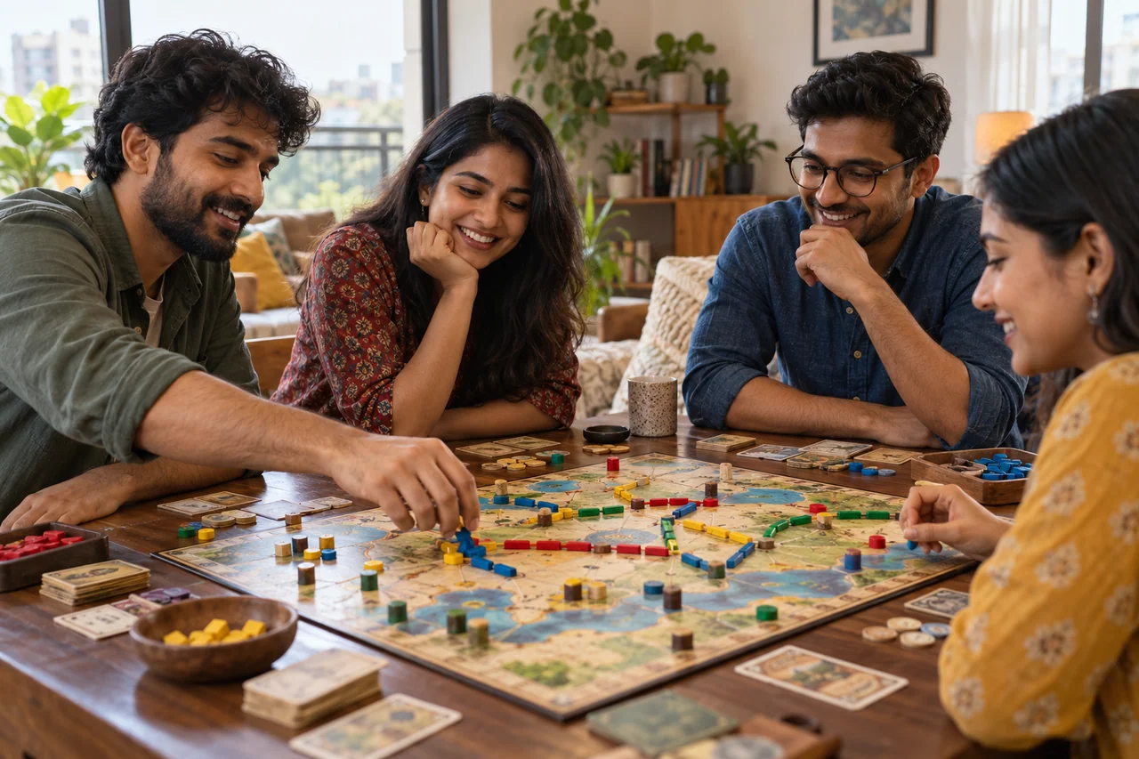 घर की मेज़ पर लकड़ी के मोहरों वाला सामूहिक बोर्ड गेम खेलते वयस्क मित्र घर की मेज़ पर लकड़ी के मोहरों वाला सामूहिक बोर्ड गेम खेलते वयस्क मित्र